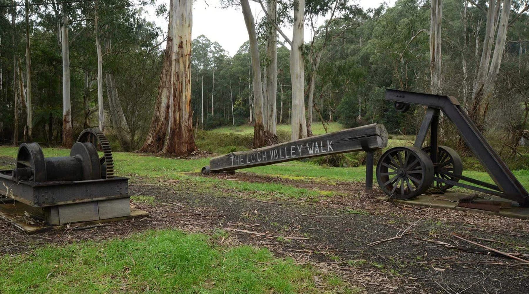 The Loch Valley Walk sign beside an old tramway winch